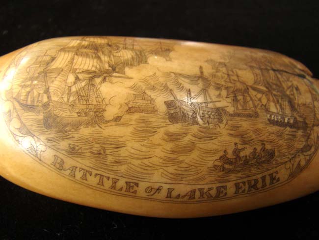 A beautiful late 19th/early 20th century scrimshawed whale's tooth with War of 1812 Battle of Lake Erie. — image 2